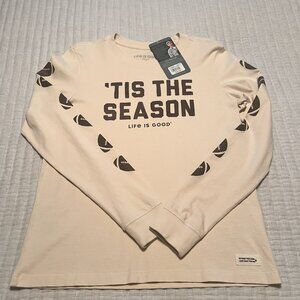 NWT Life Is Good Football Long Sleeve Women’s ’Tis The Season Shirt Small Beige